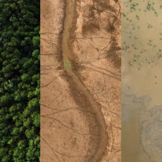 A three-panel aerial image illustrating environmental change. The left panel shows a dense, healthy green forest canopy. The centre panel shows a dry, degraded landscape with sparse vegetation, exposed soil, and erosion patterns. The right panel shows a flooded or waterlogged area with muddy water and scattered patches of vegetation. The side-by-side composition highlights contrasting ecosystem conditions, from intact forest to land degradation and inundation.