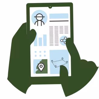 Flat design illustration of a digital tablet showing land mapping data, geolocation tools, and metrics.