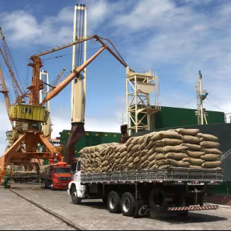 Truck loaded with burlap commodity sacks parked beside a cargo ship and harbor cranes at a port.