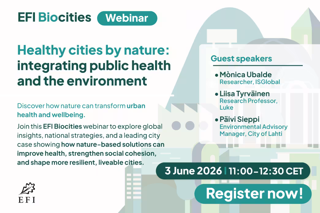 Webinar on healthy cities by nature, focusing on public health integration and environmental strategies for urban wellbeing.