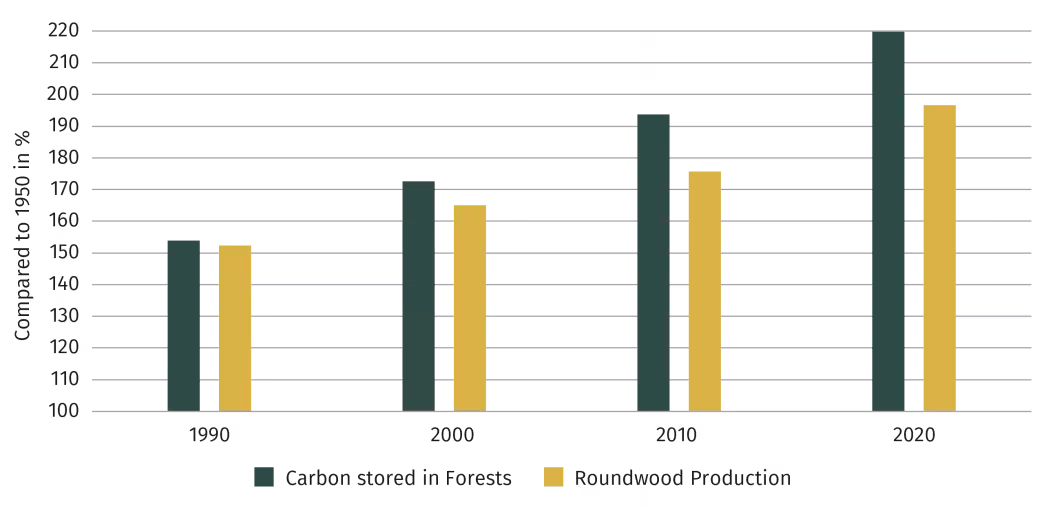 Graphs shows Development of Carbon Stock in and Roundwood Production from Forests in the EU since 1950 (in % compared to starting year 1950).
