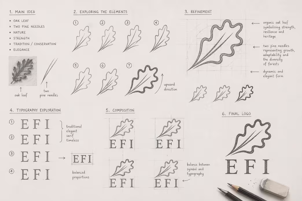 EFI logo design sketches showing the development of the oak leaf and pine needle symbol.