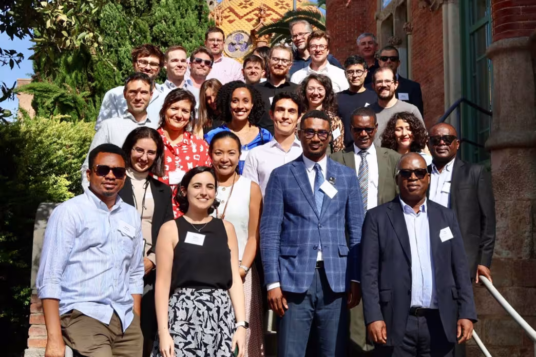 Participants of the Technical Workshop on Geospatial Data for Due Diligence gather for a group photo at the Sant Pau Art Nouveau Site in Barcelona.